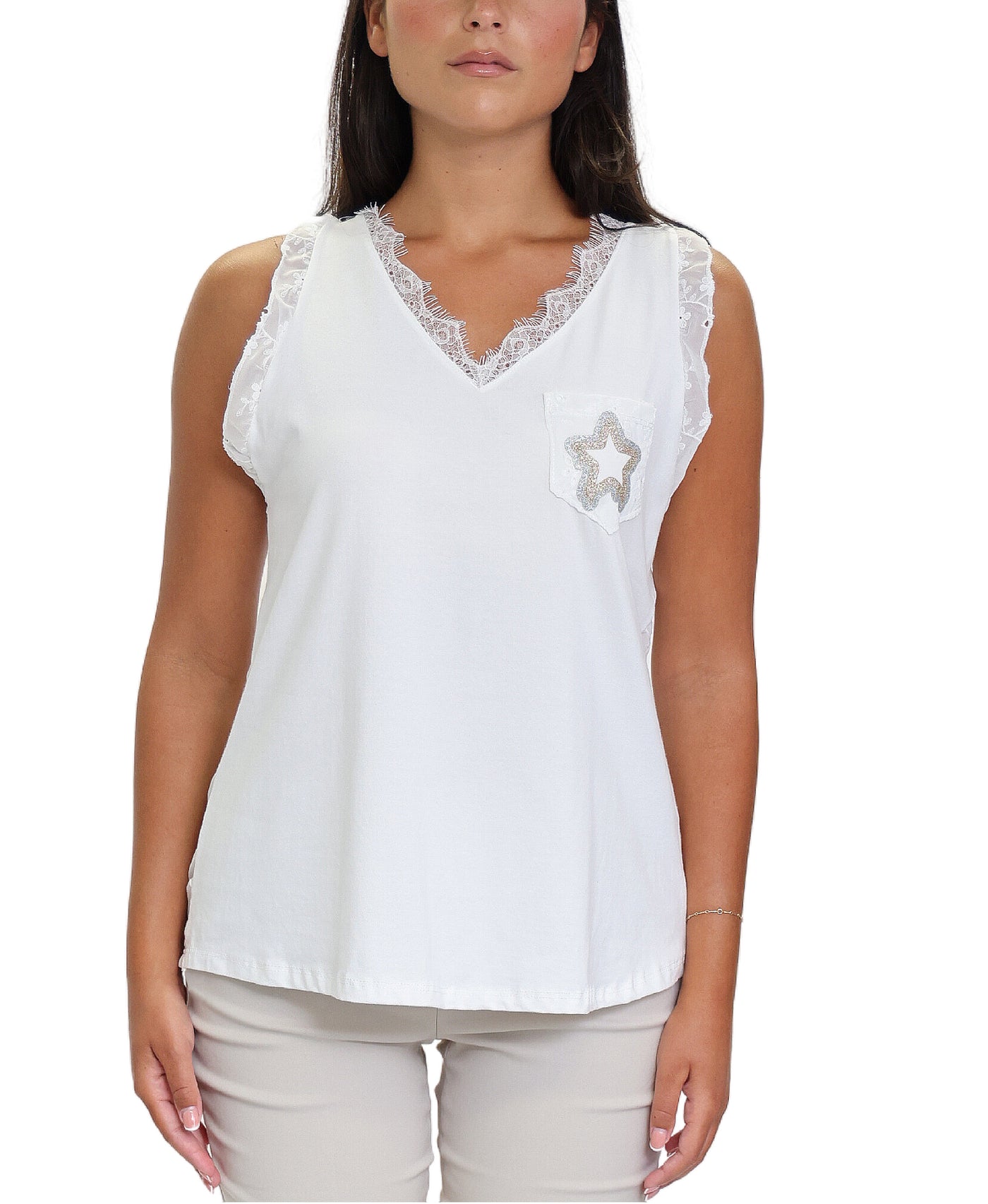 Tank w/ Metallic Star & Lace Trim image 1