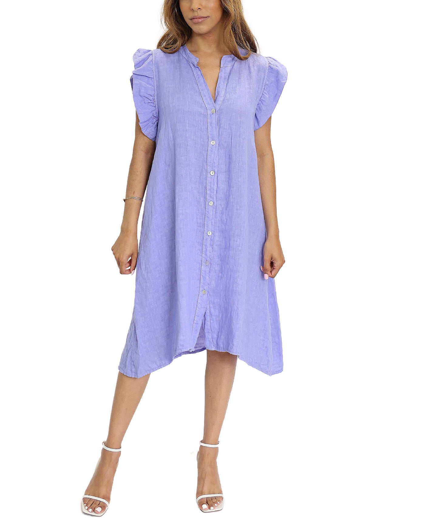 Linen Shirt Dress w/ Ruffle Sleeves image 1