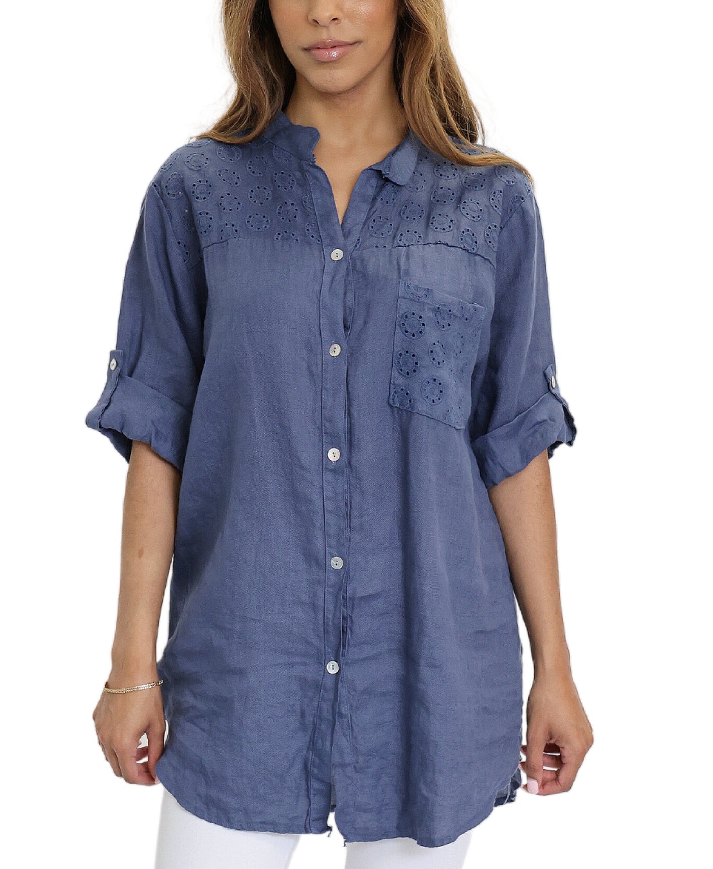 Linen Shirt w/ Eyelet Accents image 1
